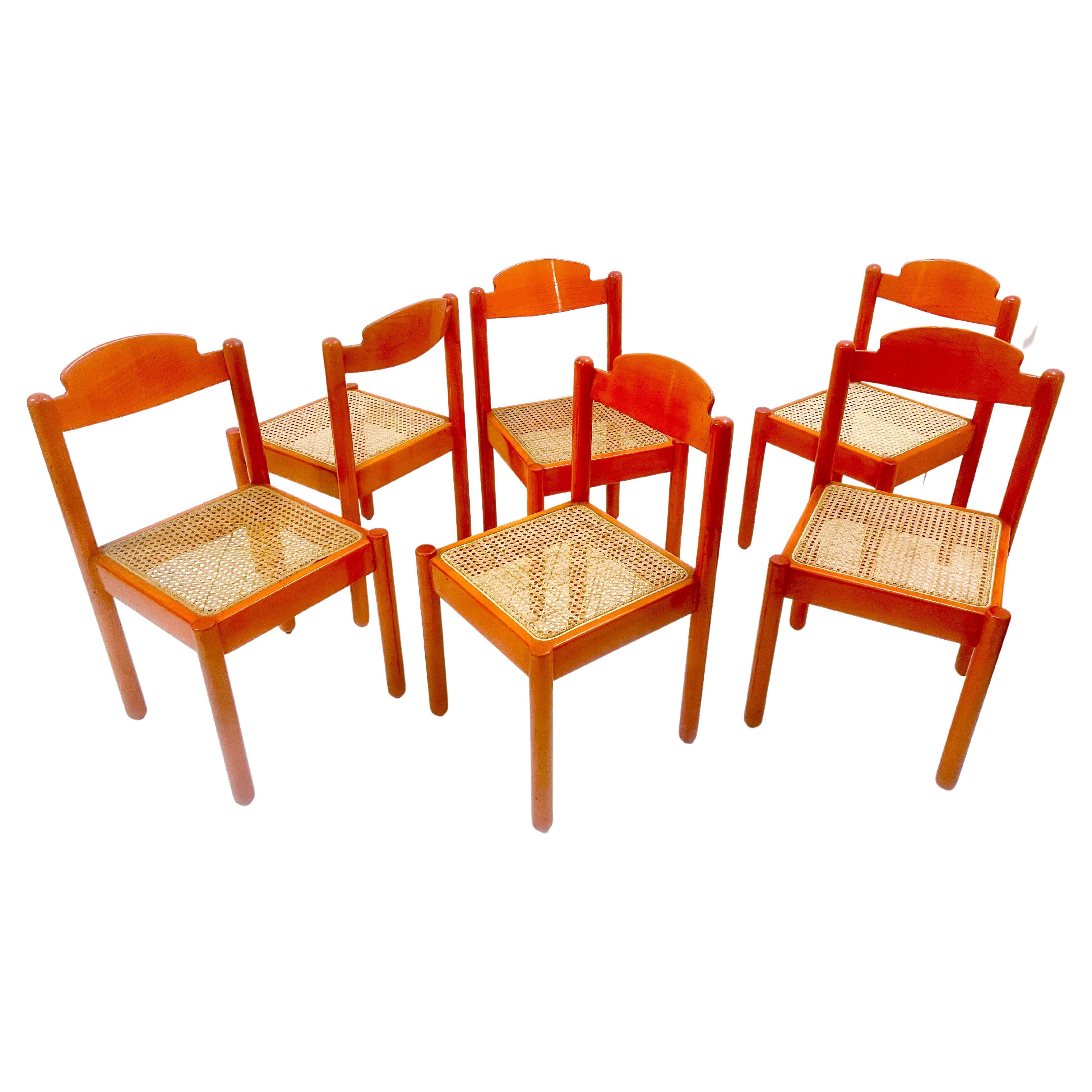 Ensemble de 6 chaises orange en bois, de style moderne du milieu du siècle, Italie, années 1960
