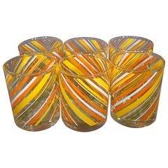 Mid-Century Modern Set of 6 Orange Green and Yellow Retro Striped Glasses
