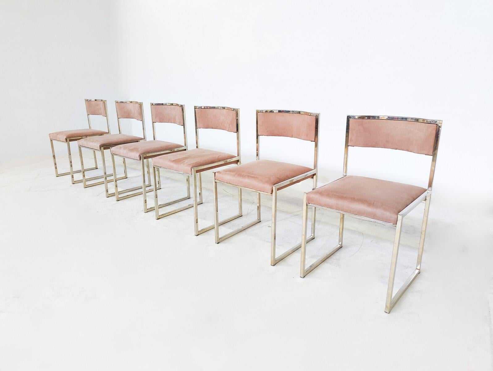 Mid-Century Modern Set of 6 Willy Rizzo Dining Chairs, Italy, circa 1970s.