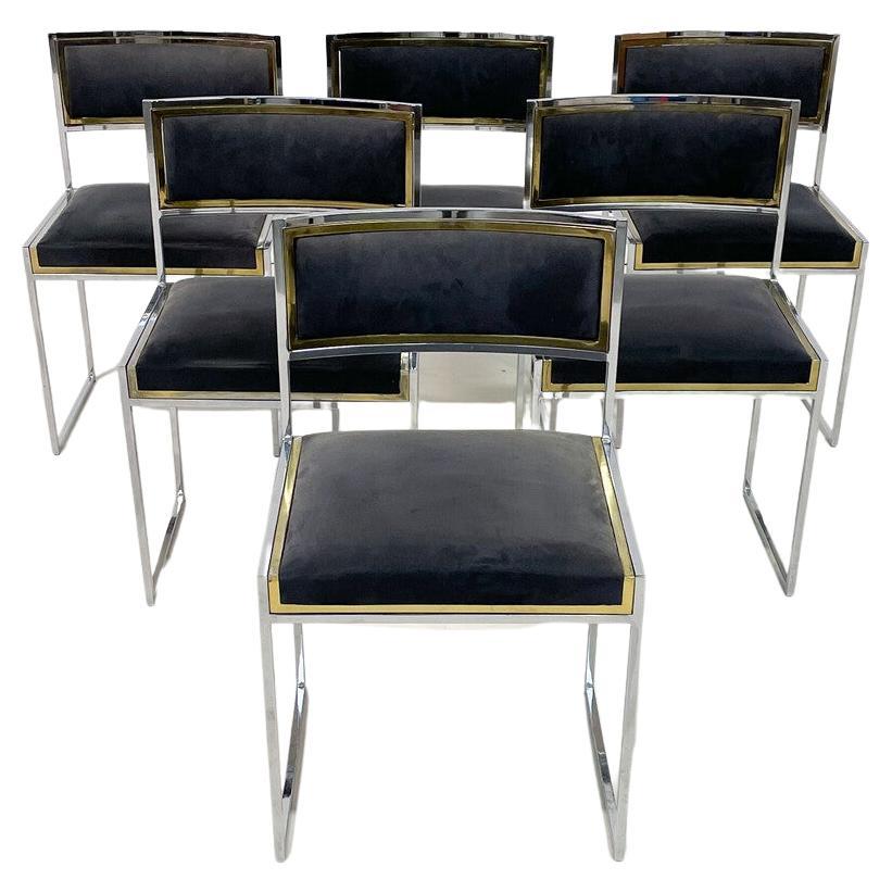 Mid-Century Modern Set of 6 Willy Rizzo Dining Chairs, Italy, 1970s -Original Up