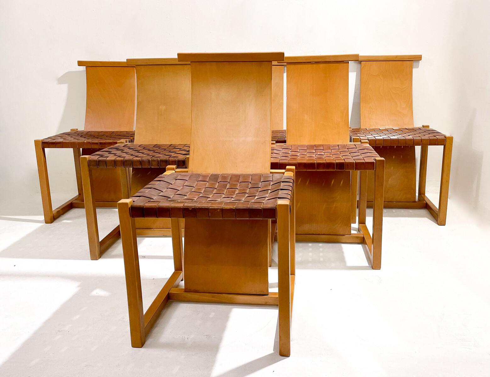 Italian Mid-Century Modern Set of 6 Wood and Leather Chairs, Italy, 1950s For Sale