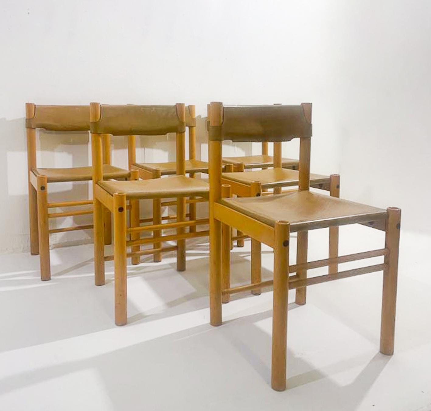 Mid-Century Modern Set of 6 Wood and Leather Chairs, Italy, 1960s For Sale 2