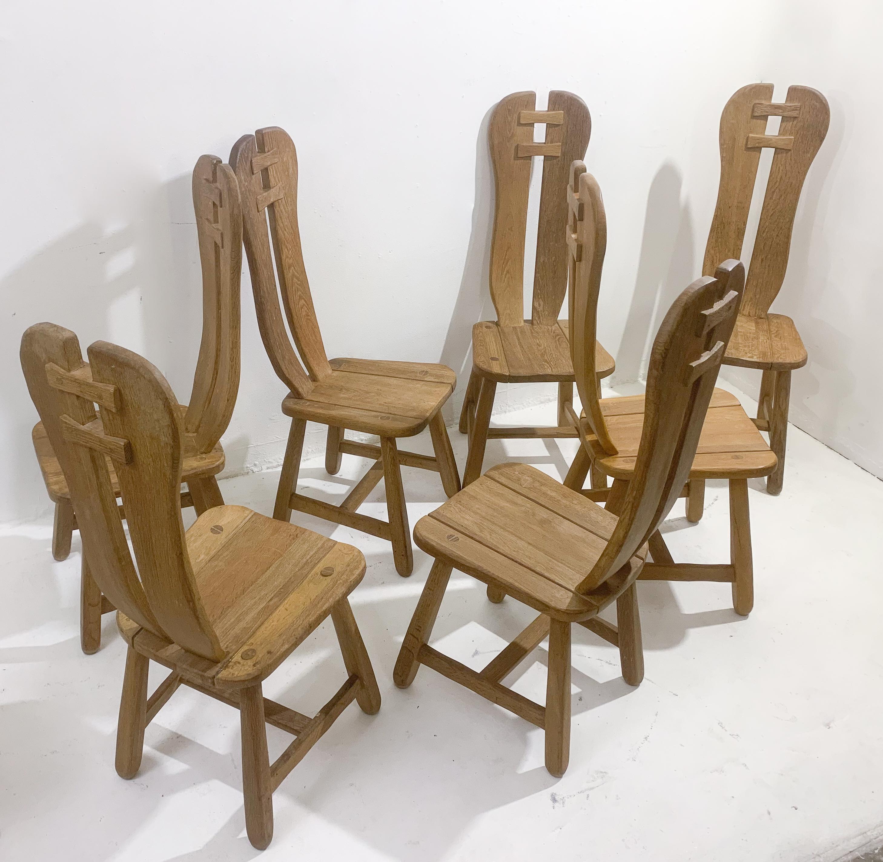 Mid-Century Modern set of 7 brutalist chairs, oak by De Puydt, Belgium.