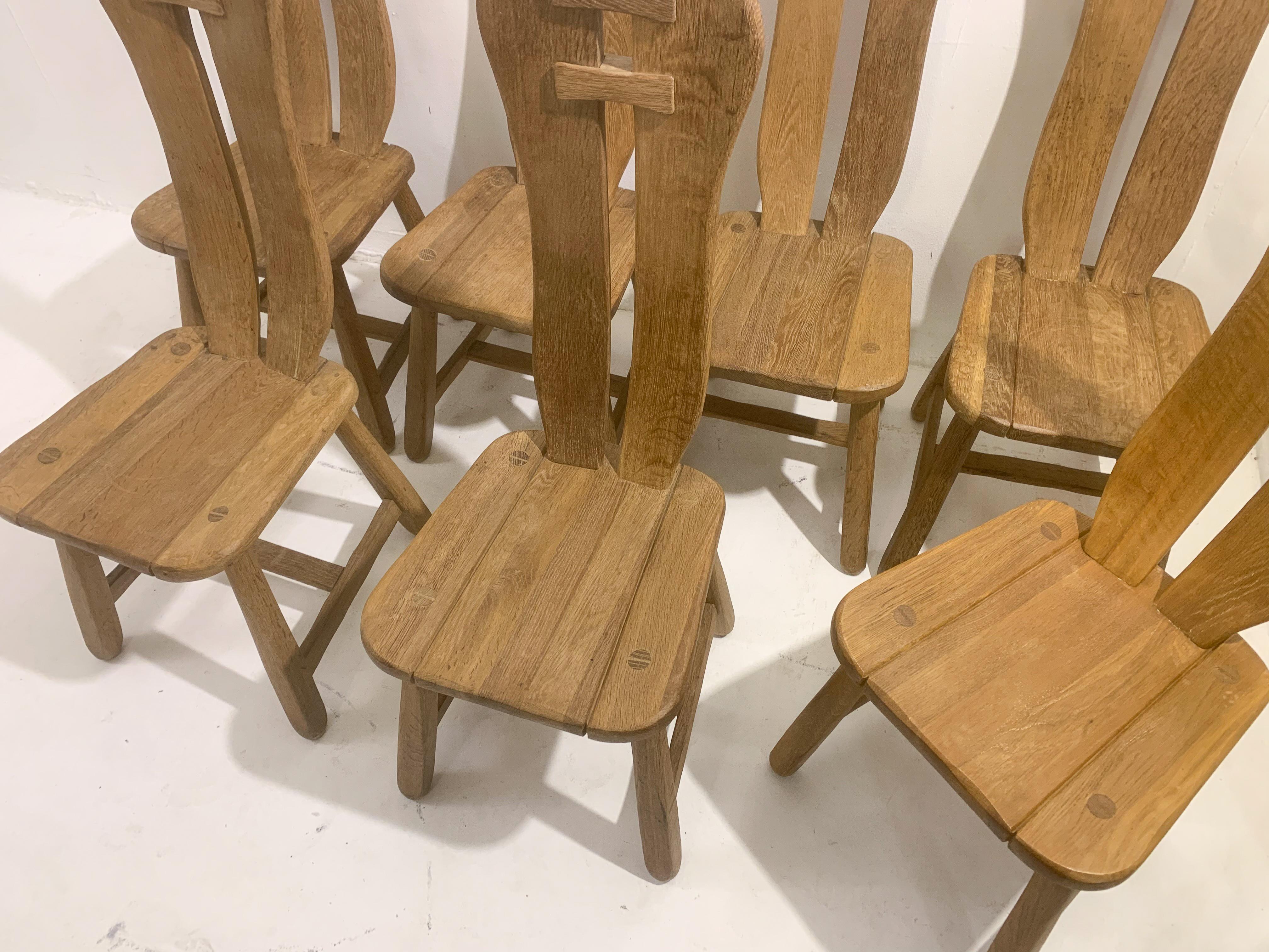 Belgian Mid-Century Modern Set of 7 Brutalist Chairs, Oak, De Puydt, Belgium, 1970s For Sale