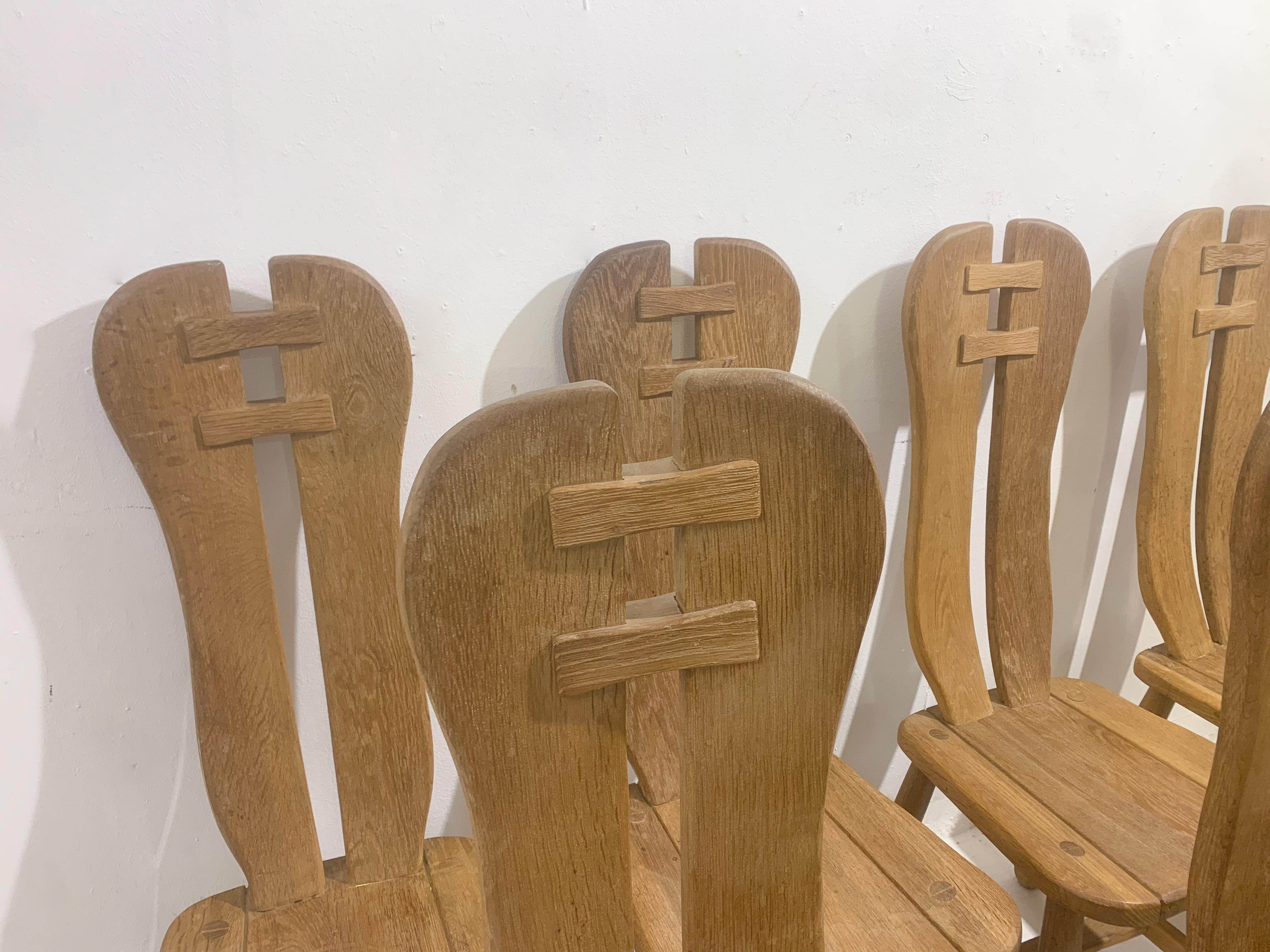 Late 20th Century Mid-Century Modern Set of 7 Brutalist Chairs, Oak, De Puydt, Belgium, 1970s For Sale