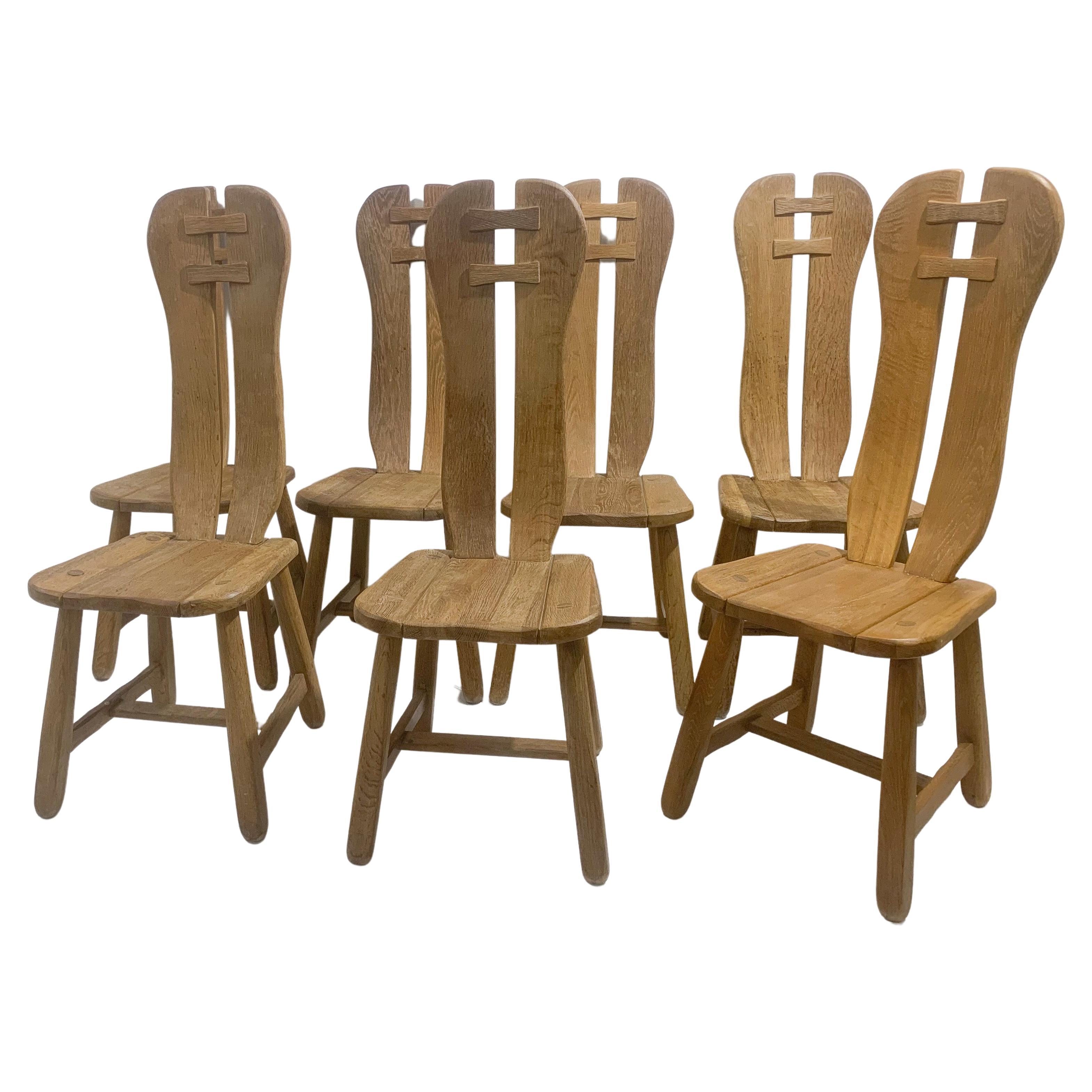 Mid-Century Modern Set of 7 Brutalist Chairs, Oak, De Puydt, Belgium, 1970s For Sale