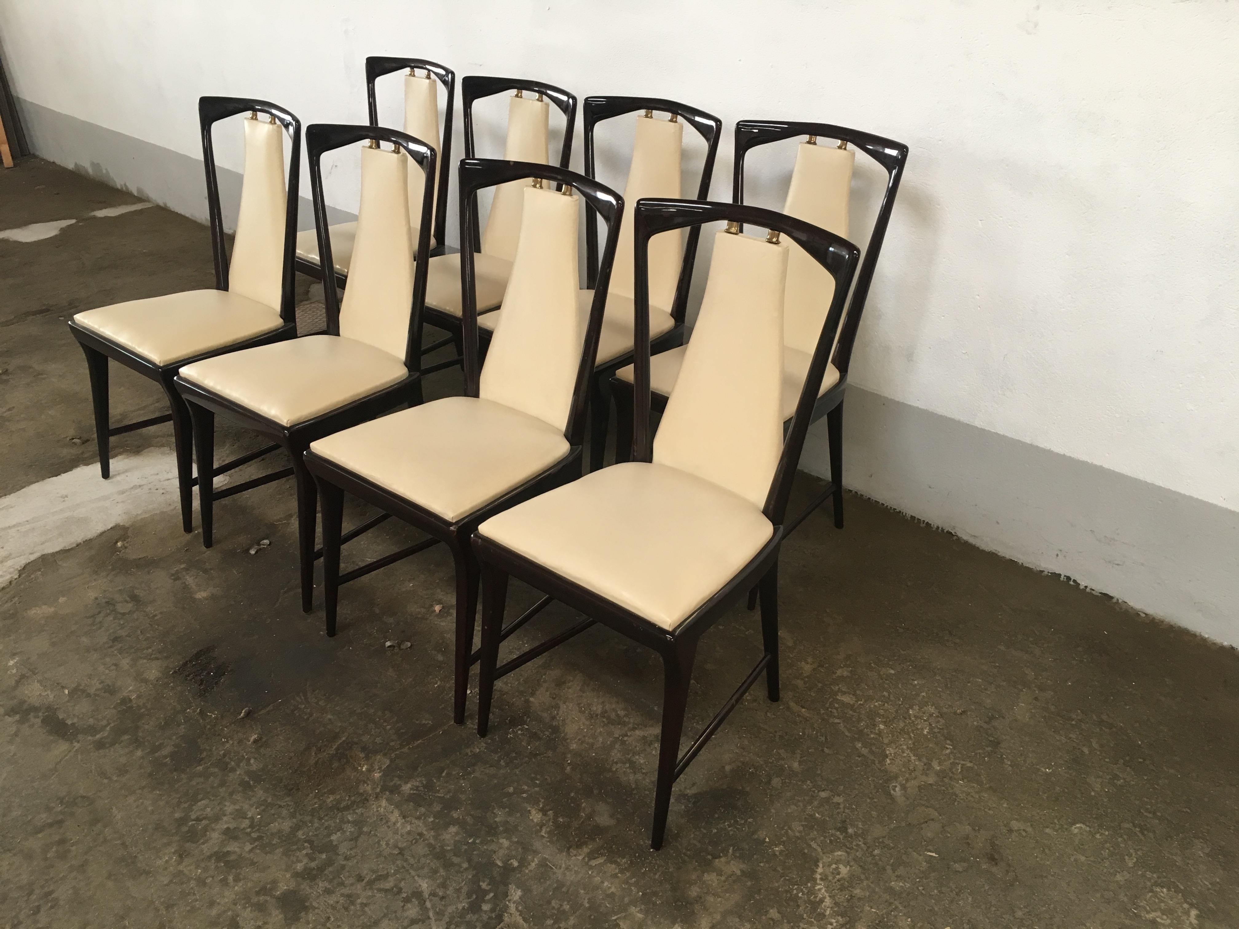 Mid-Century Modern Set of 8 Borsani Mahogany and Faux Leather Italian Chairs 1