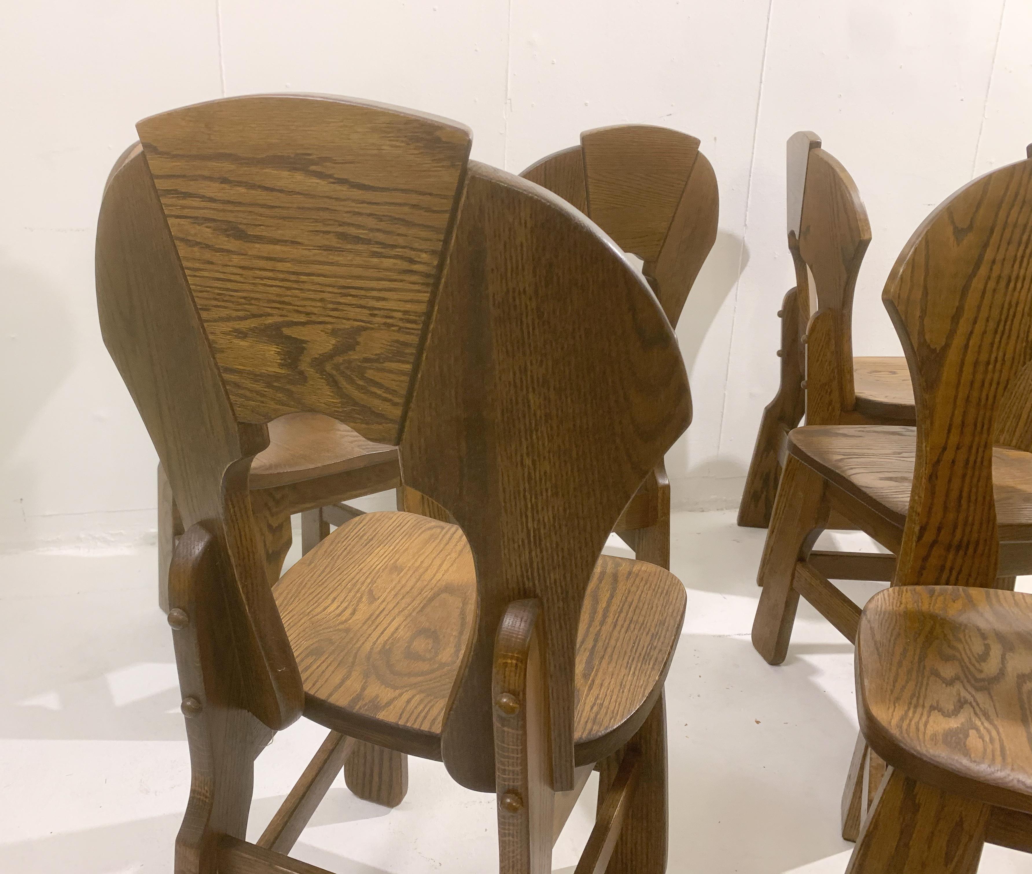Mid-Century Modern Set of 8 Brutalist Wooden Chairs, Belgium, 1970s For Sale 1
