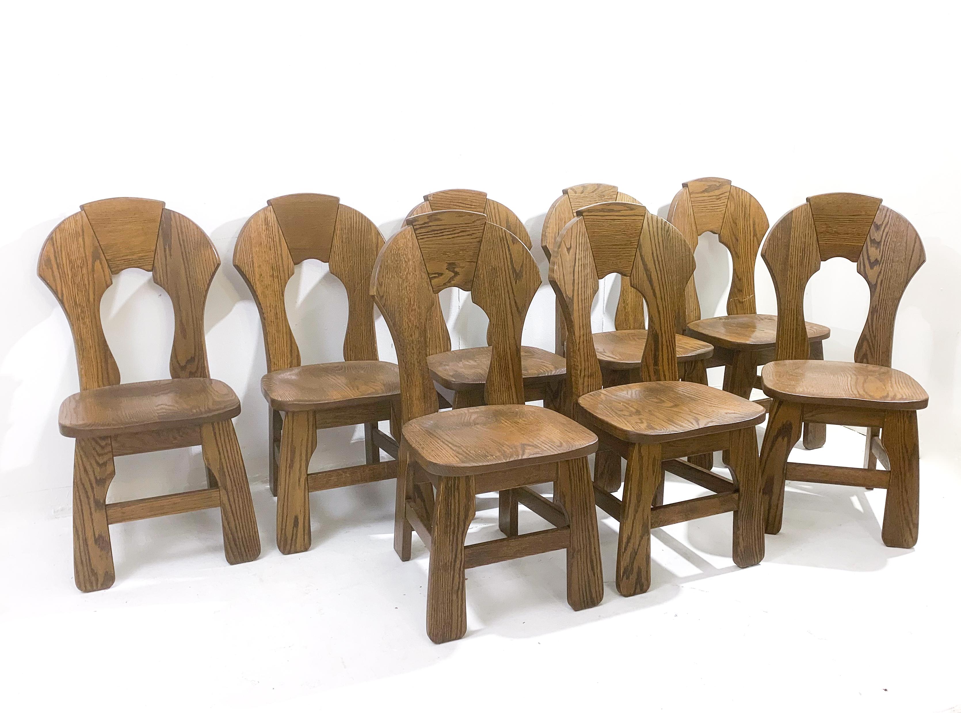 Mid-Century Modern Set of 8 Brutalist Wooden Chairs, Belgium, 1970s For Sale 3
