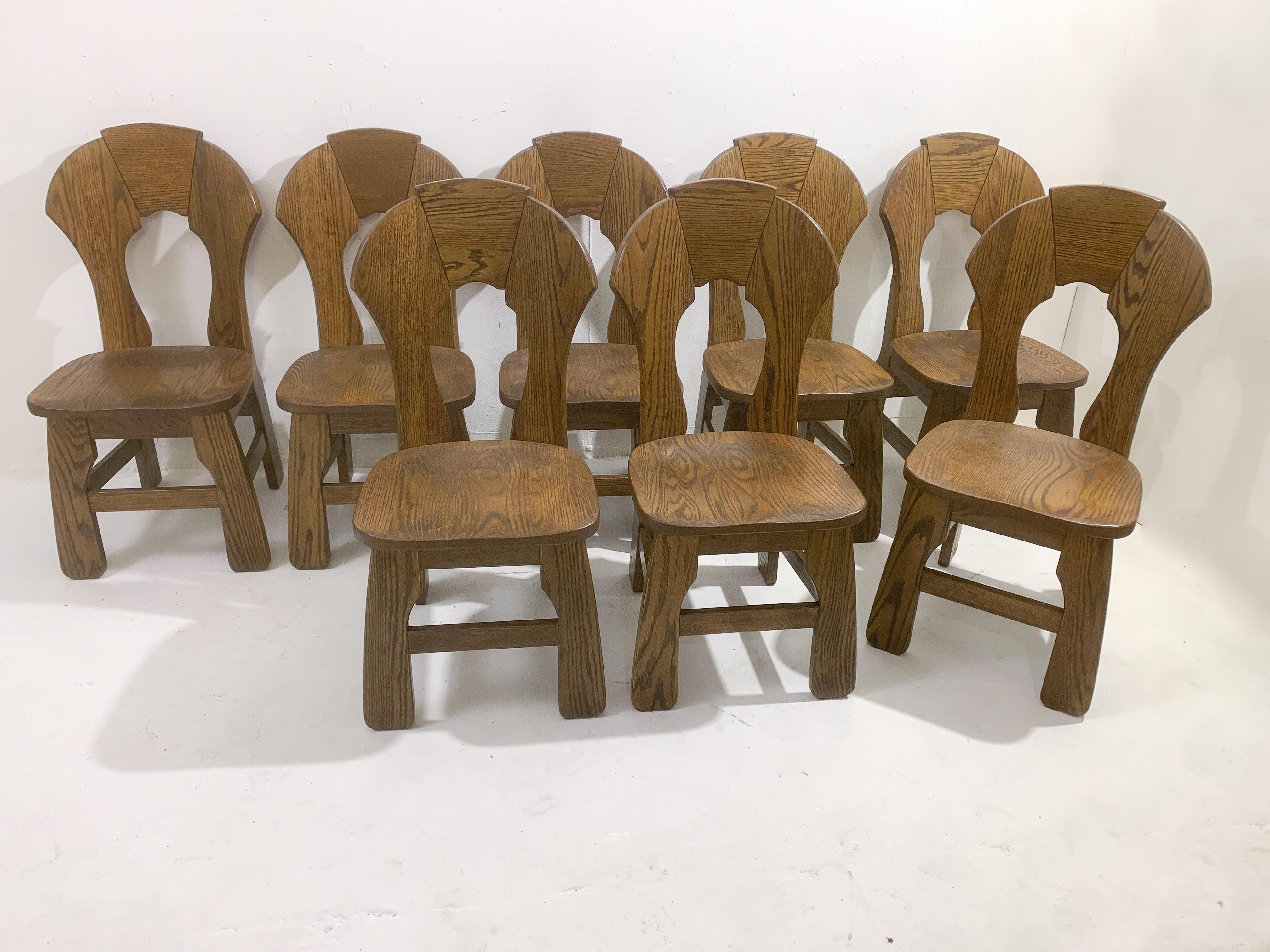 Mid-Century Modern Set of 8 Brutalist Wooden Chairs, Belgium, 1970s For Sale 4