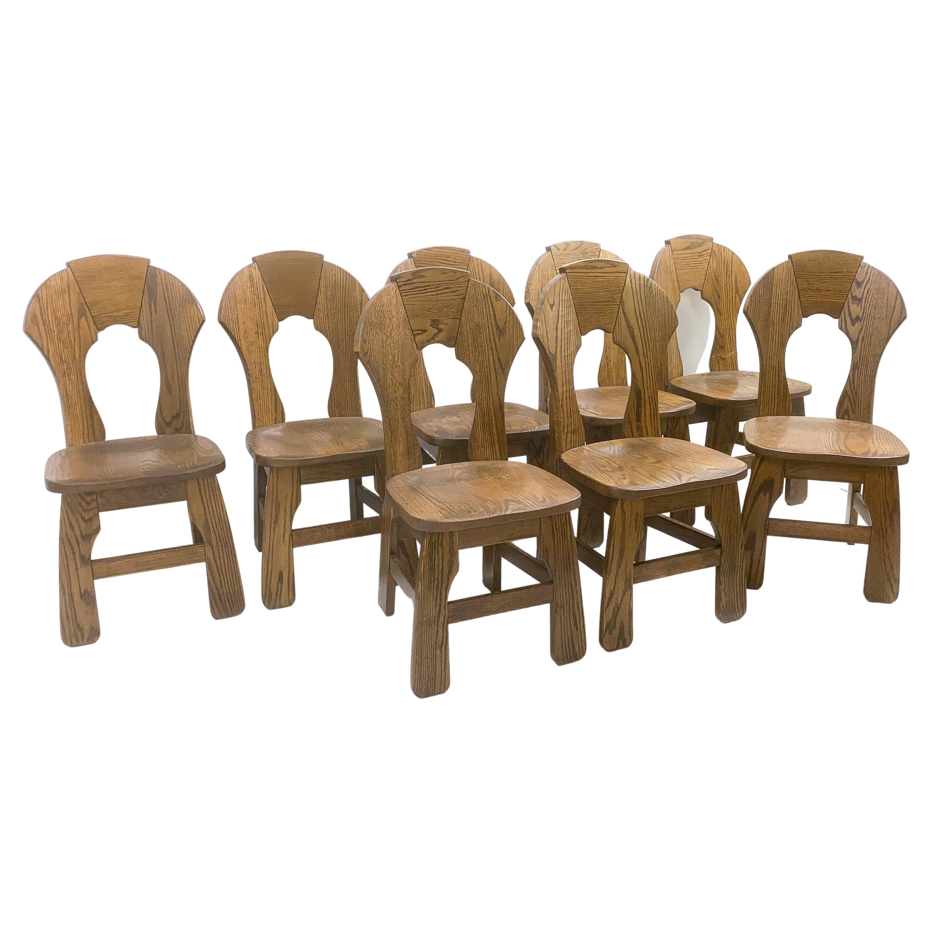 Mid-Century Modern Set of 8 Brutalist Wooden Chairs, Belgium, 1970s For Sale