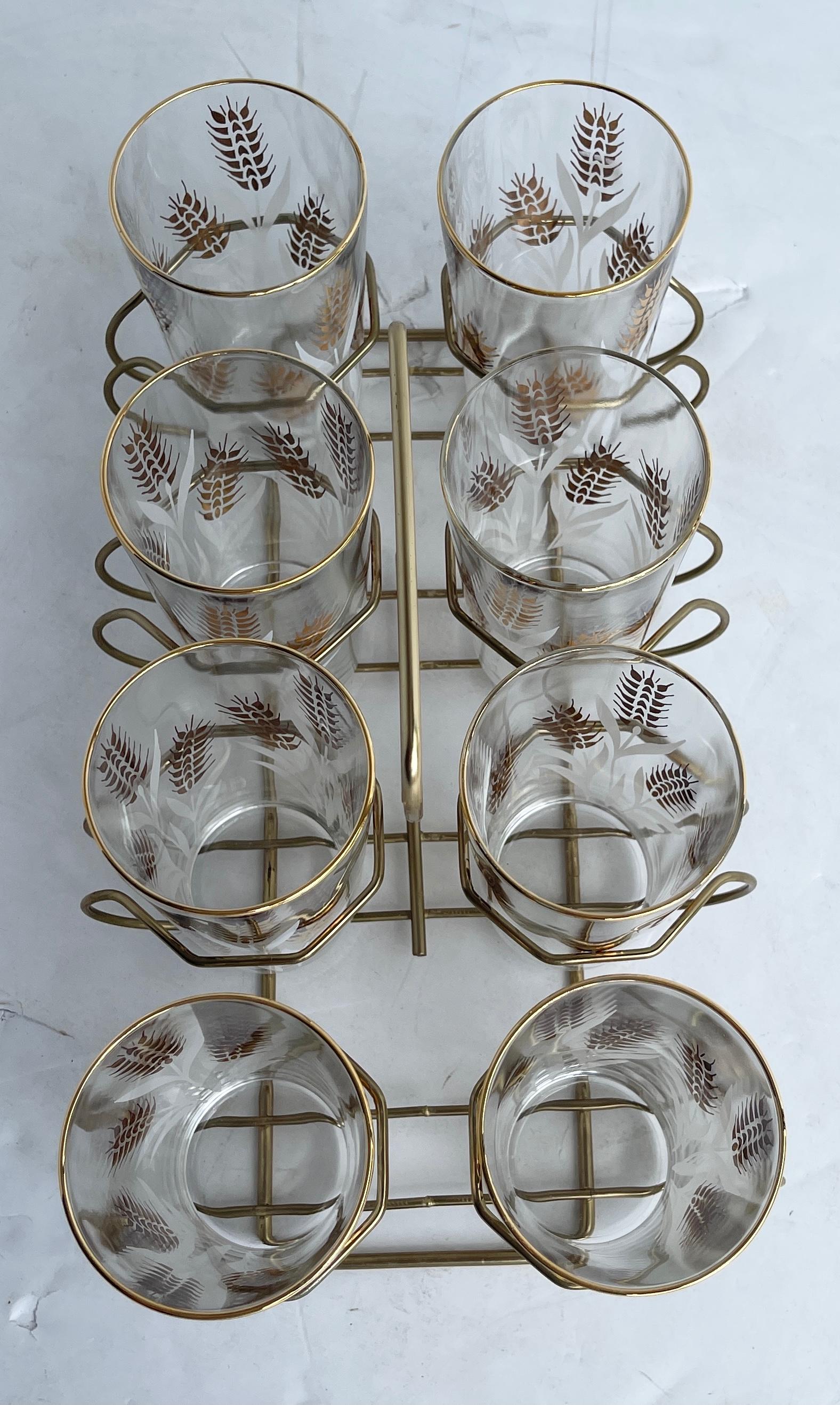 American Mid-Century Modern Set of 8 Highball Glasses with Brass Caddy