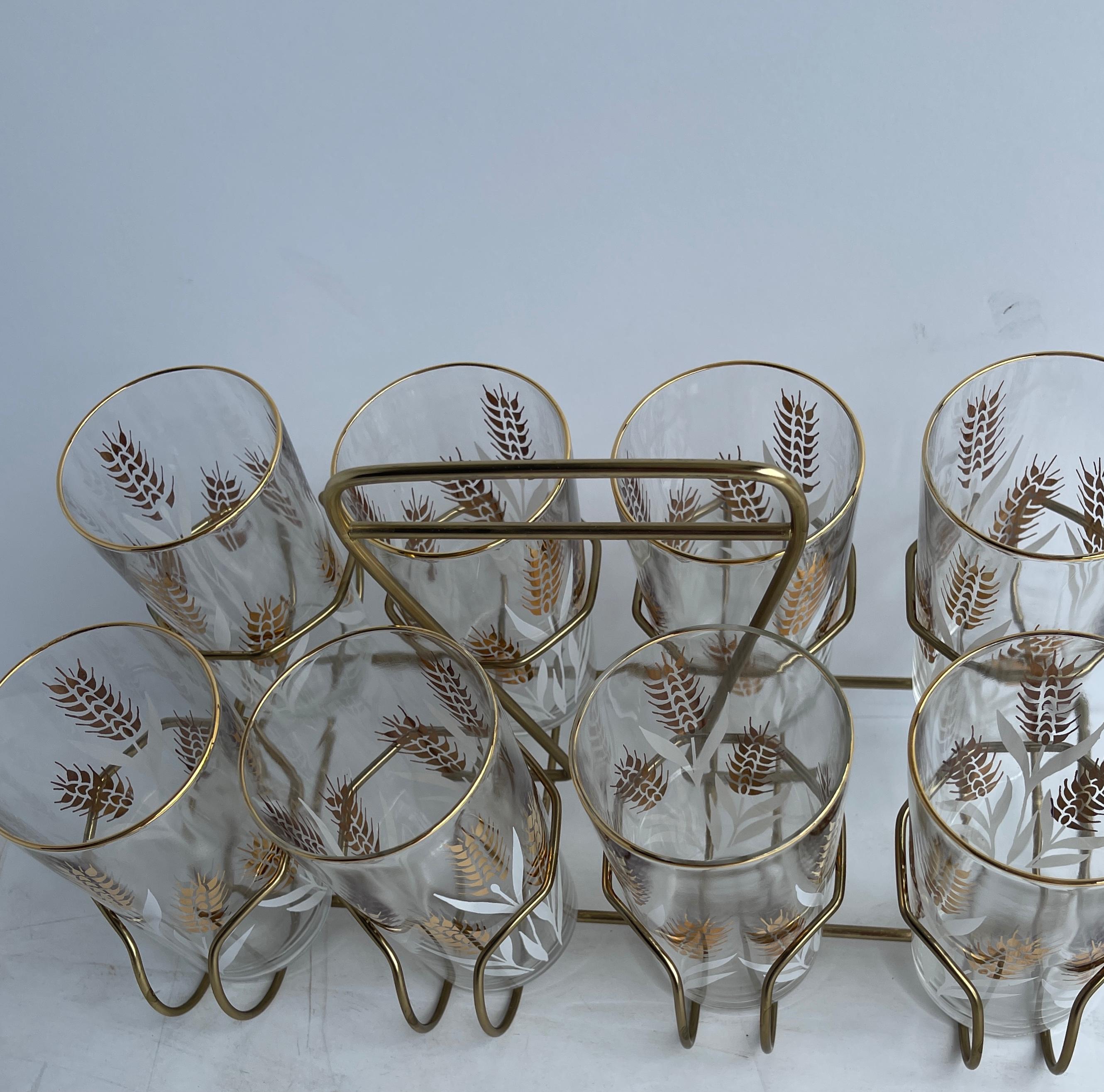 Mid-Century Modern Set of 8 Highball Glasses with Brass Caddy In Good Condition In Haddonfield, NJ