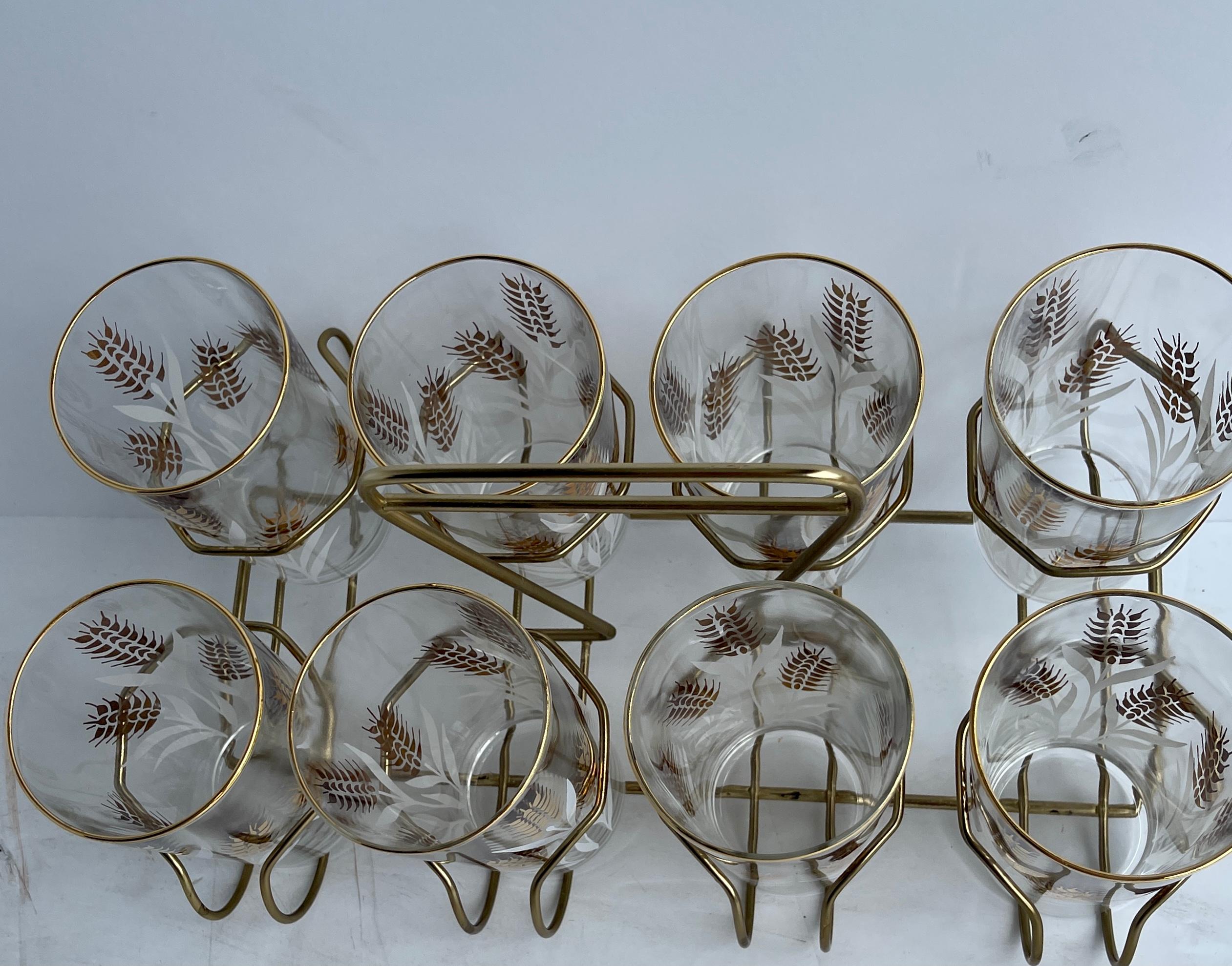 Mid-20th Century Mid-Century Modern Set of 8 Highball Glasses with Brass Caddy