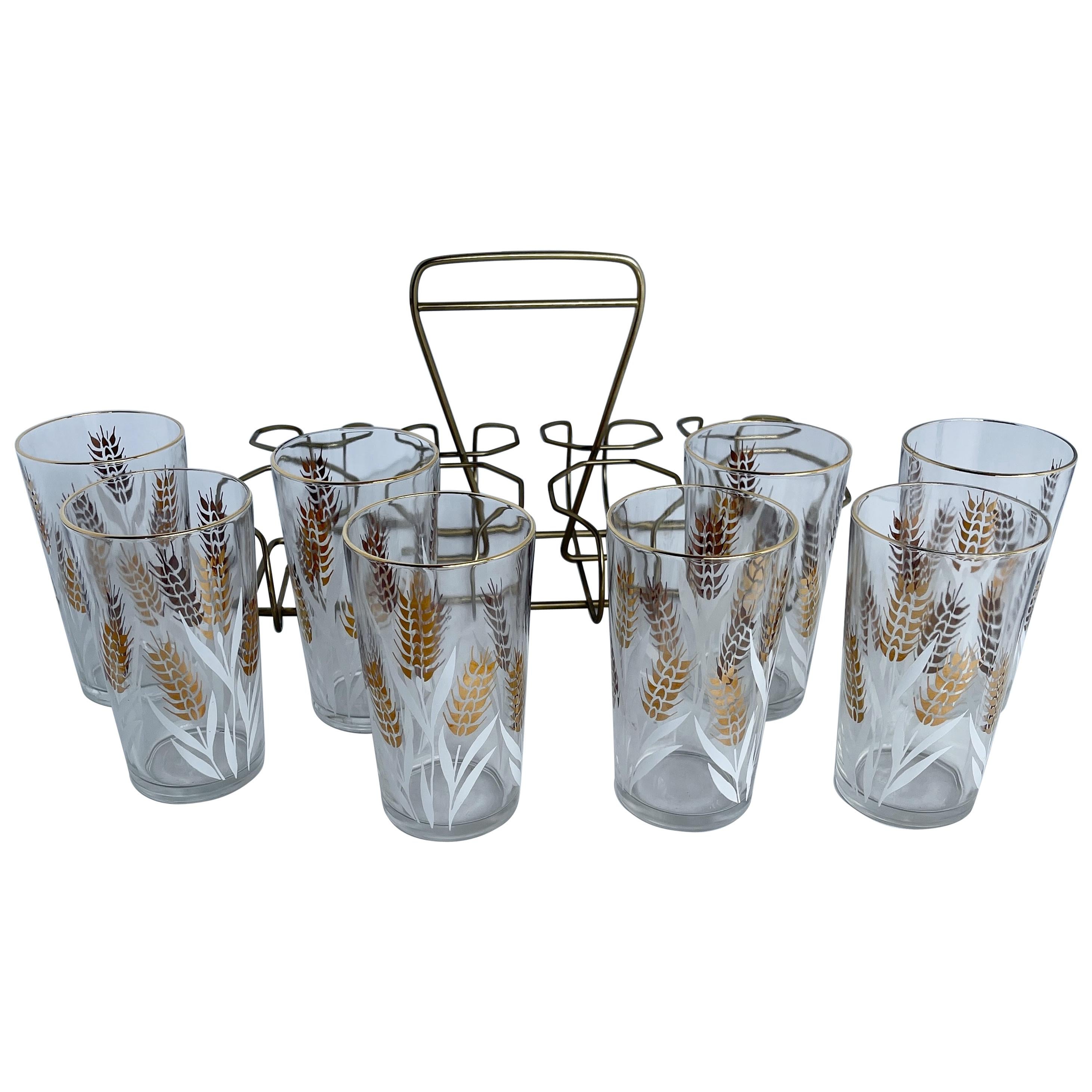 Mid-Century Modern Set of 8 Highball Glasses with Brass Caddy