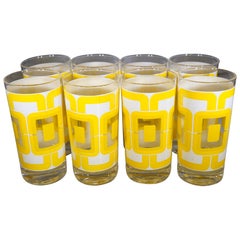 Mid-Century Modern Set of 8 Libbey Retro Yellow & White Link Tall Glasses Set