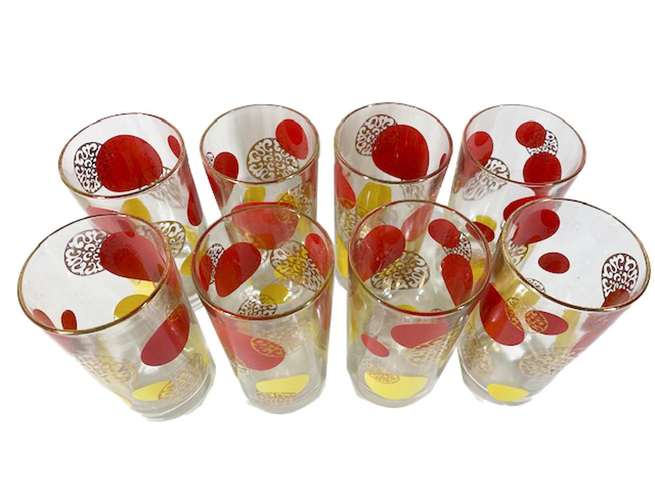 American Mid-Century Modern Set of 8 Red, Yellow & Gold Highball Glasses For Sale