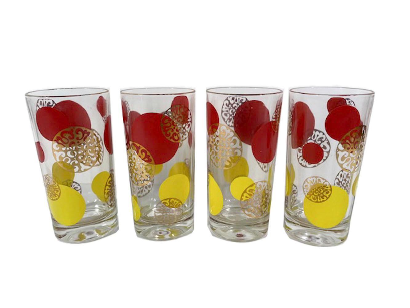 20th Century Mid-Century Modern Set of 8 Red, Yellow & Gold Highball Glasses For Sale