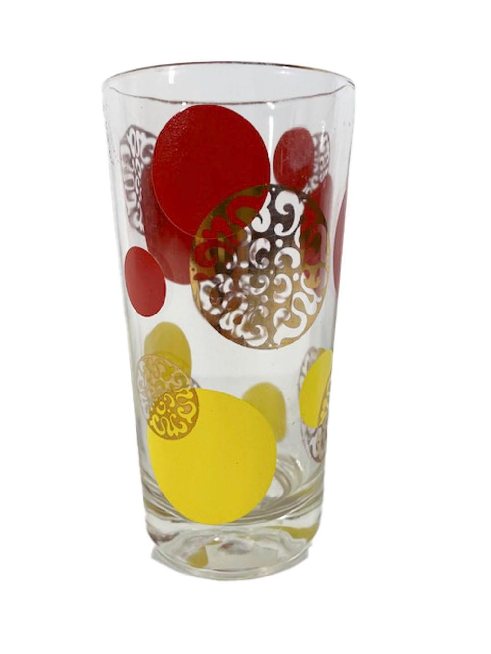 Mid-Century Modern Set of 8 Red, Yellow & Gold Highball Glasses For Sale 1