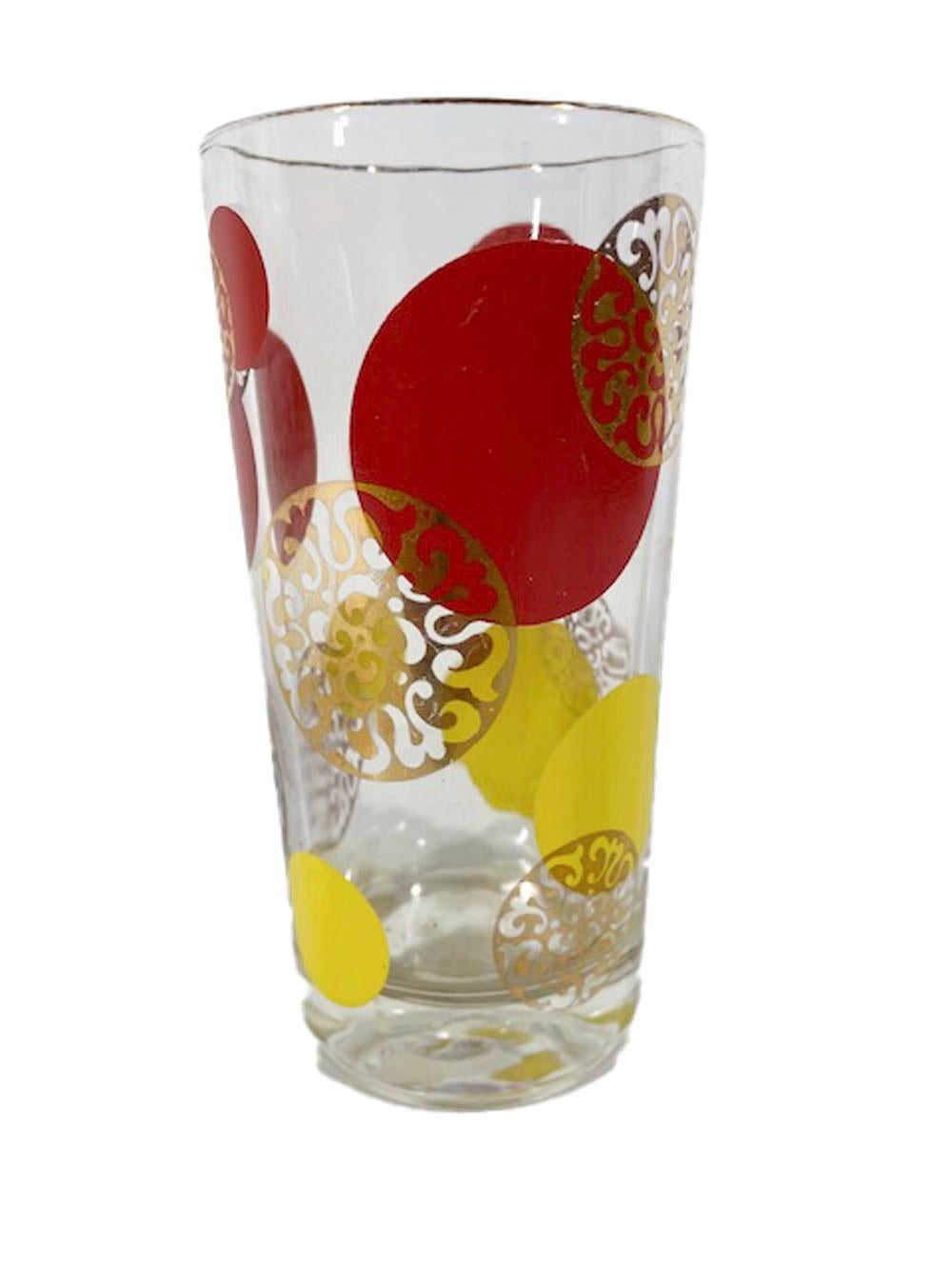 Mid-Century Modern Set of 8 Red, Yellow & Gold Highball Glasses For Sale 2