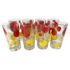 Mid-Century Modern Set of 8 Red, Yellow & Gold Highball Glasses