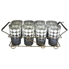 Mid-Century Modern Set of 8 Vintage Highball Dot Glasses Set with Caddy