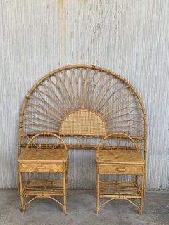 Mid-Century Modern Set of Bamboo and Bentwood Headboard and Two Nightstands