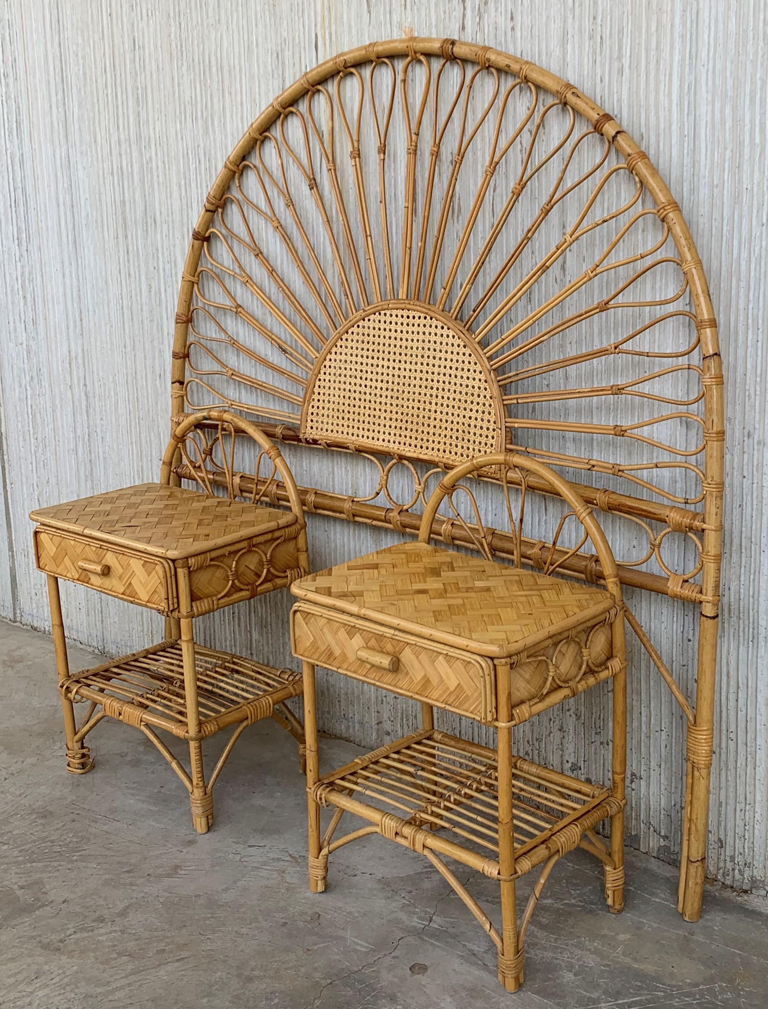 Spanish Mid-Century Modern Set of Bamboo and Bentwood Headboard and Two Nightstands For Sale