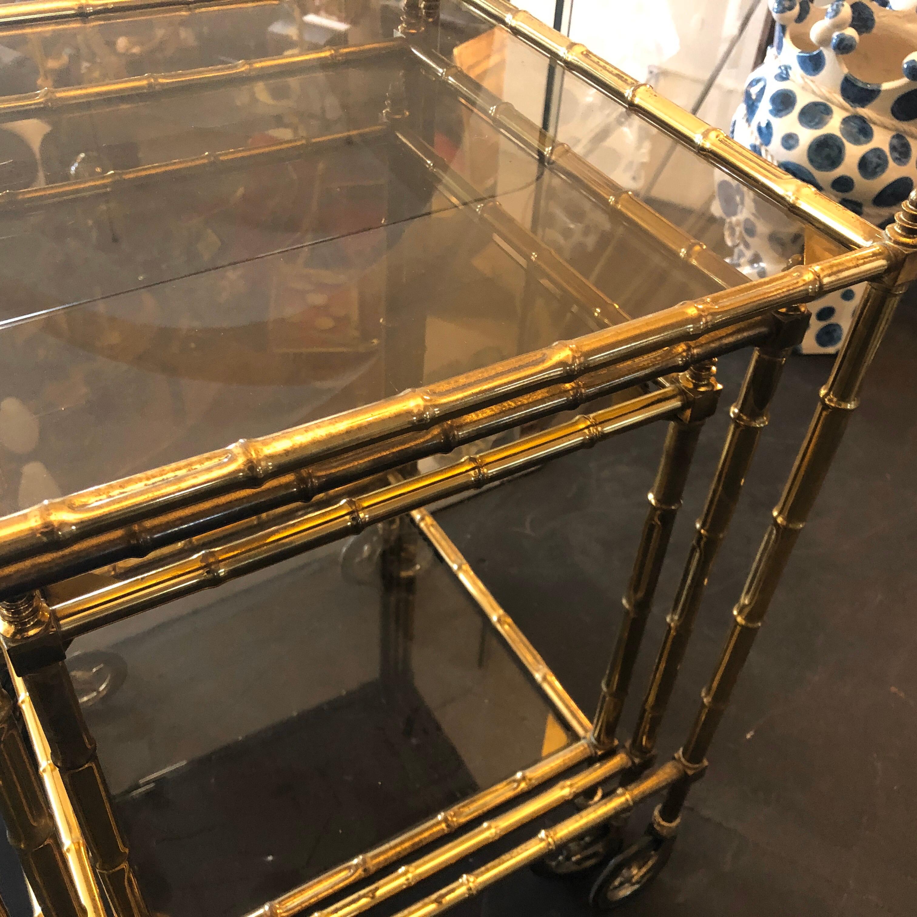 20th Century Three 1960s Mid-Century Modern Bamboo Brass and Smoked Glass Nesting Tables