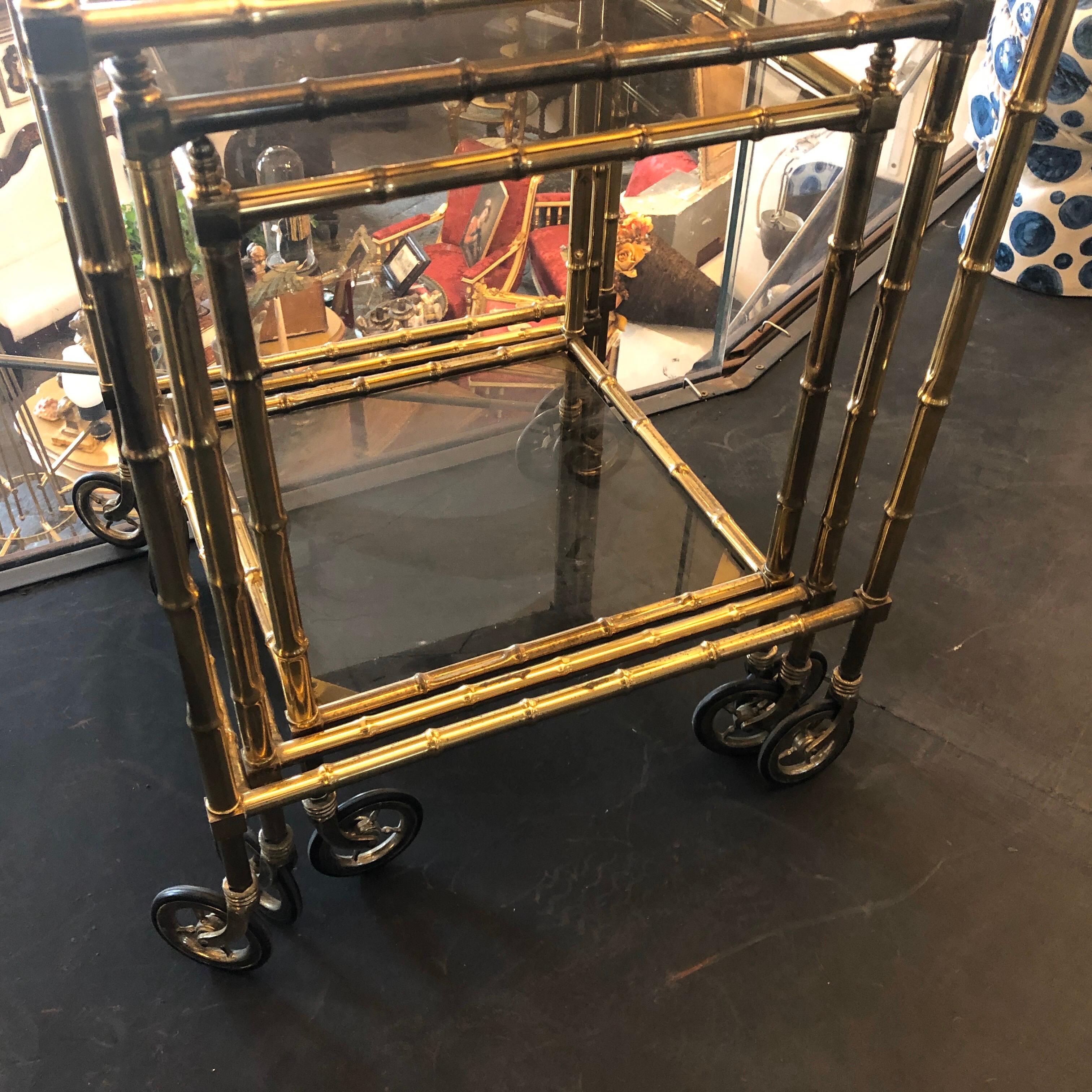 Three 1960s Mid-Century Modern Bamboo Brass and Smoked Glass Nesting Tables 1