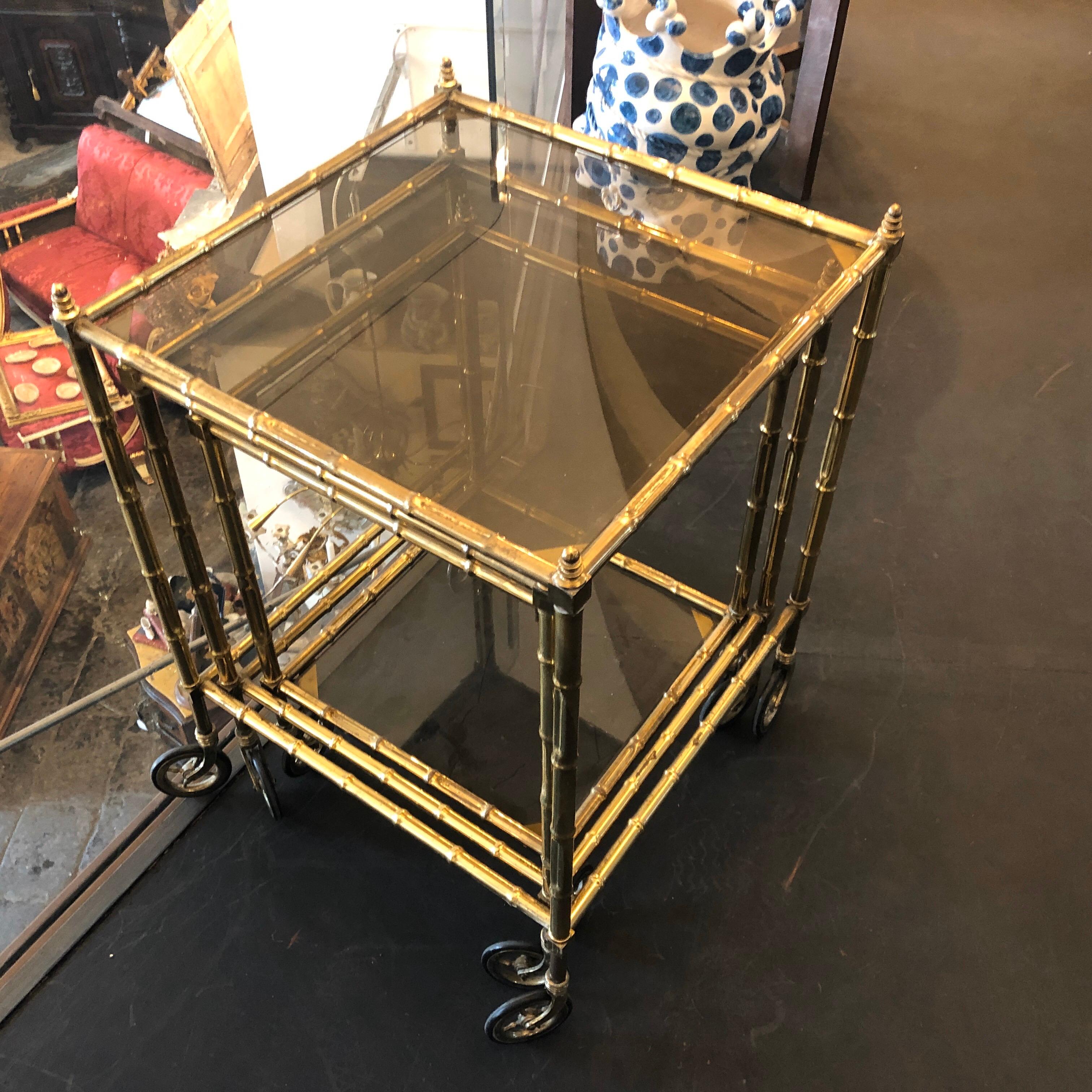 Three 1960s Mid-Century Modern Bamboo Brass and Smoked Glass Nesting Tables 2
