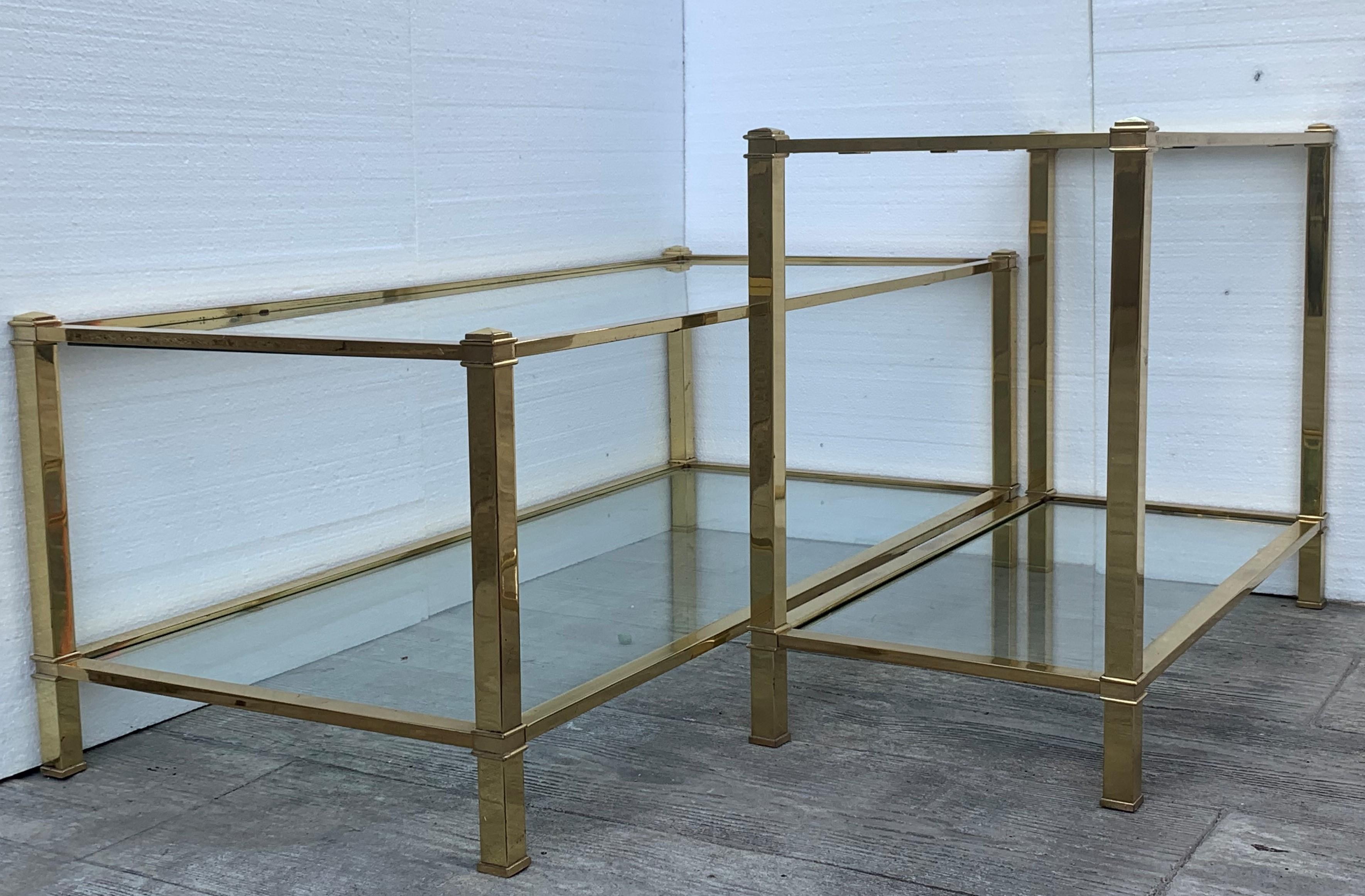Mid-Century Modern set of brass table and console table with glass

Measurements:
Console:
H 22.24in, W 29.92in, D 14.17in

Table:
H 15.75in, W 23.62in, D 20in.