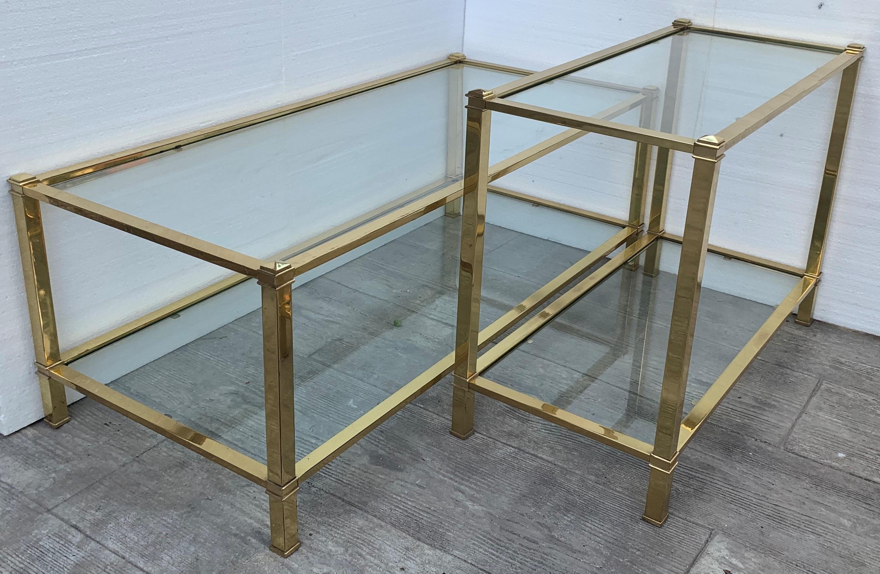 20th Century Mid-Century Modern Set of Brass Side Table and End Console Table with Glass For Sale