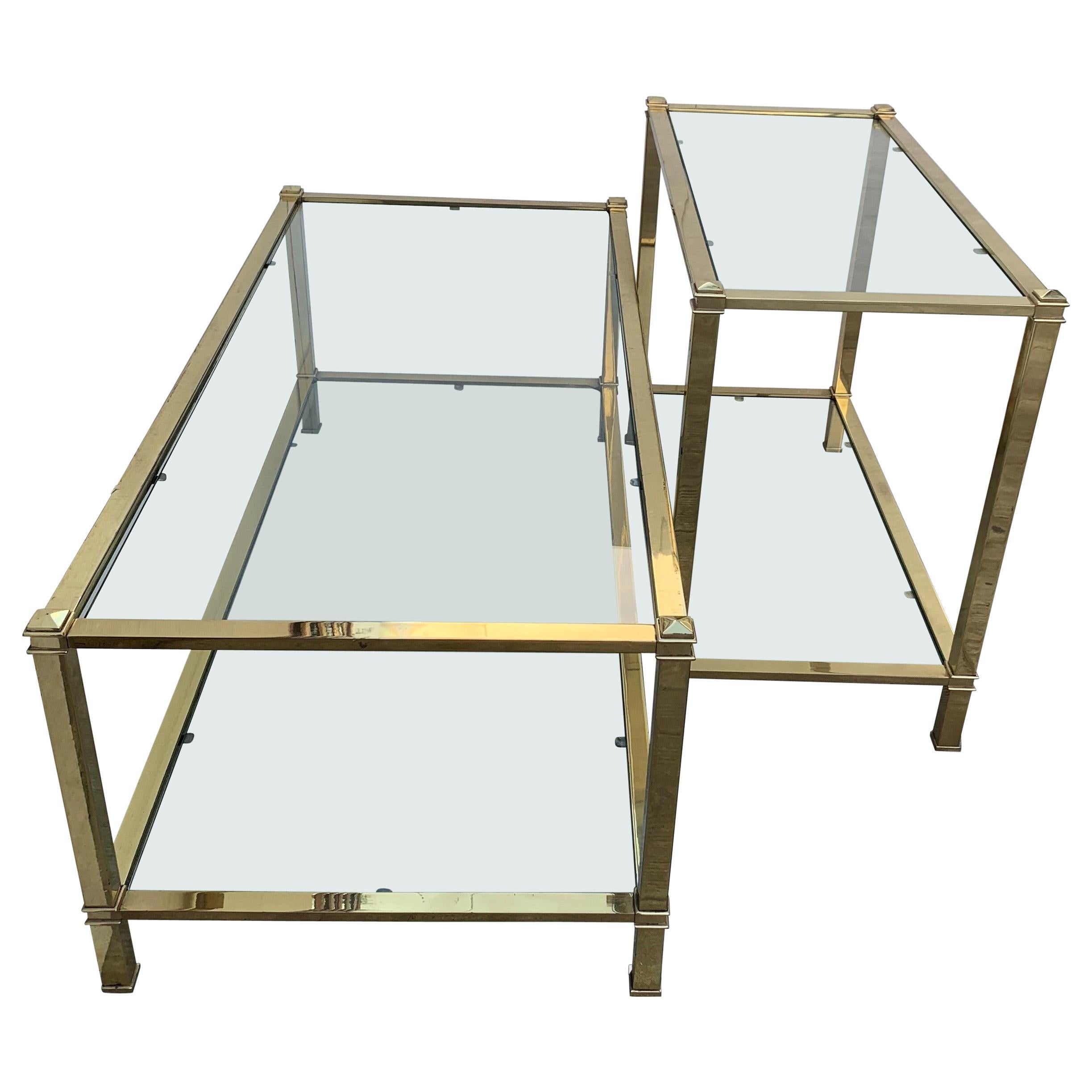 Mid-Century Modern Set of Brass Side Table and End Console Table with Glass For Sale
