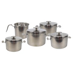 The Moderns Modernity Set of Five Stainless Steel Pans by Dick Simonis for Gero (Ensemble de cinq casseroles en acier inoxydable)