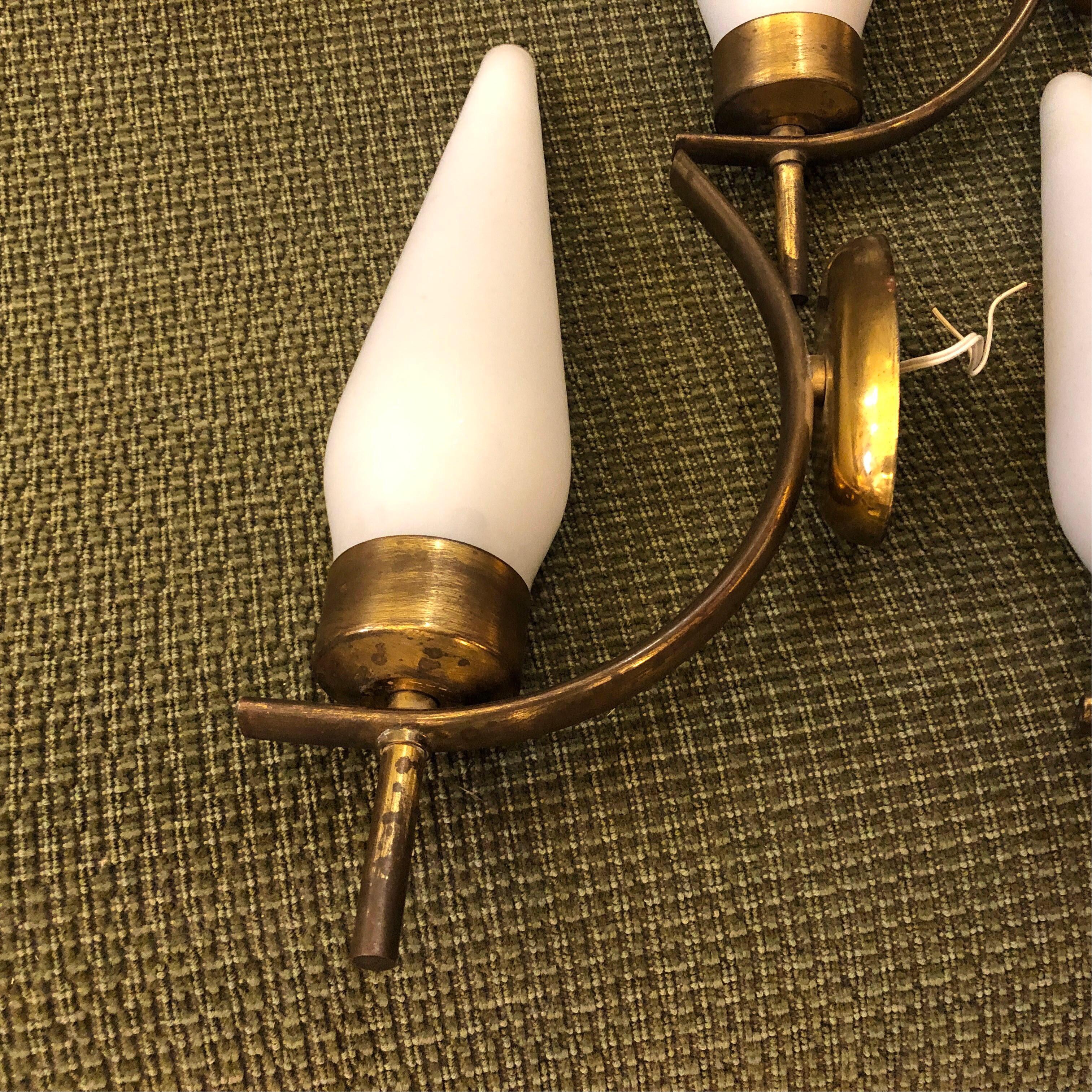 20th Century Mid-Century Modern Set of Four Brass and Glass Italian Wall Sconces, circa 1950