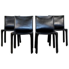 Mid-Century Modern Set of Four Cab Cassina Chairs Black Leather Mario Bellini