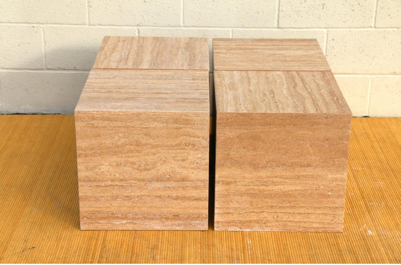 Beautiful set of four cube pedestals. This is a wonderful set, they can be used as a coffee table all together, (it would be a coffee table of 33in by 33in and 16.5in height). Also, they could be used as side tables or just as pedestals. All of them