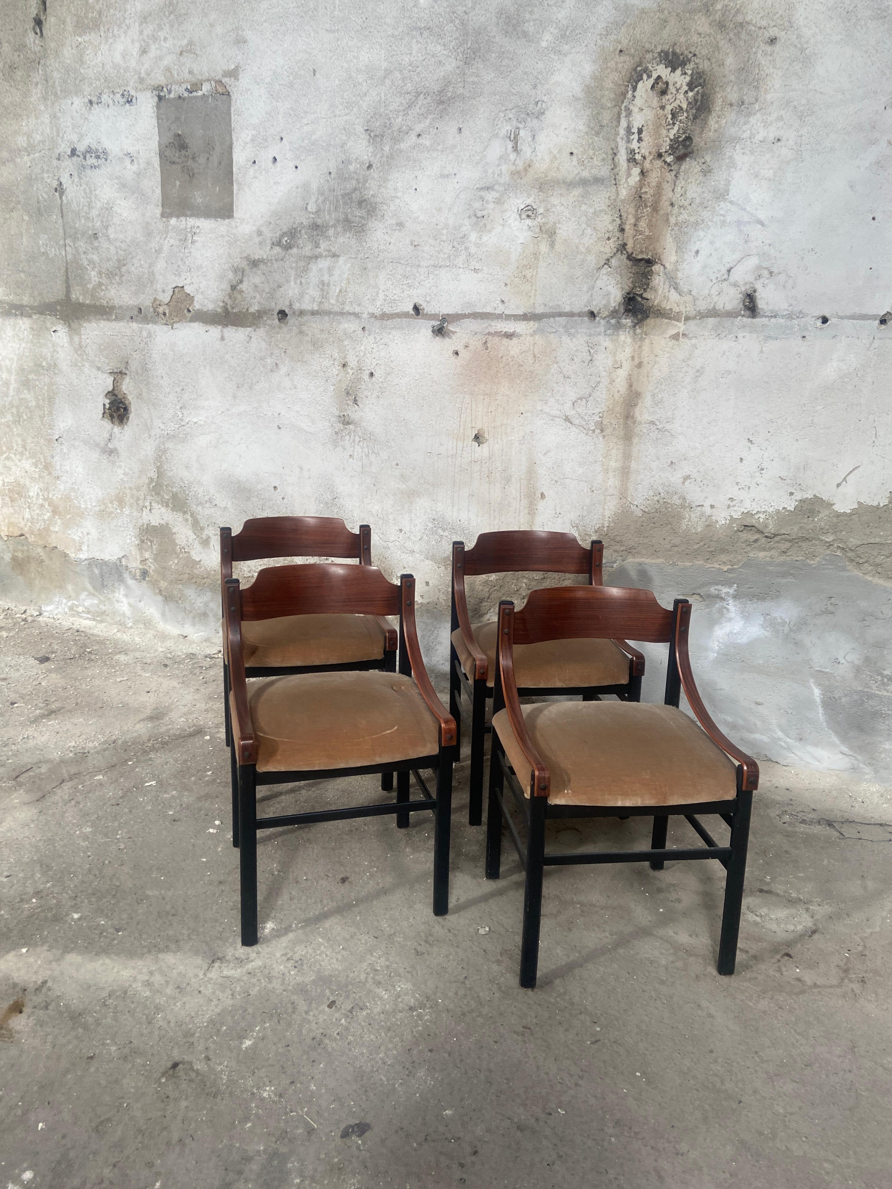 Velvet Mid-Century Modern Set of Four Danish Dining Chairs with Original Upholstery For Sale