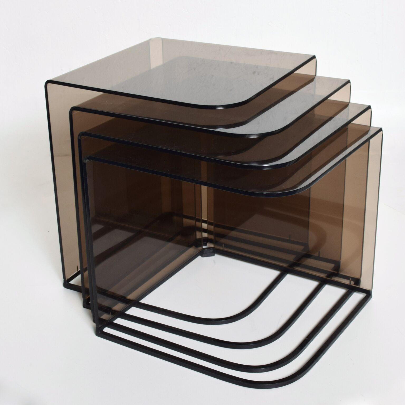American Mid-Century Modern Set of Four Nesting Tables Smoke Lucite and Iron