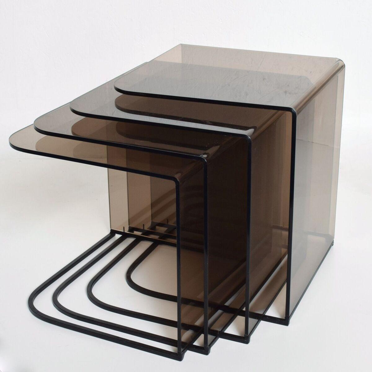 Polished Mid-Century Modern Set of Four Nesting Tables Smoke Lucite and Iron