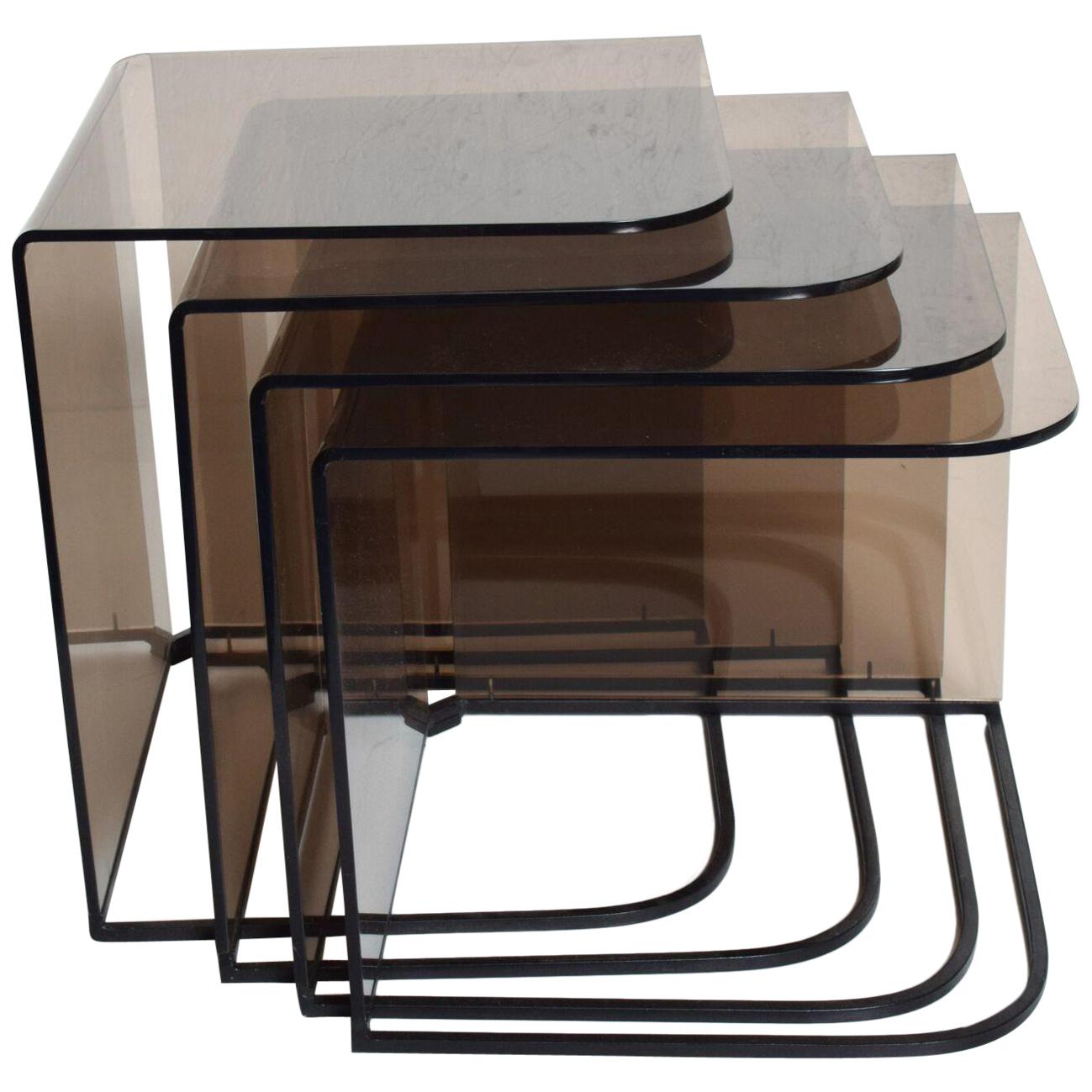 Mid-Century Modern Set of Four Nesting Tables Smoke Lucite and Iron