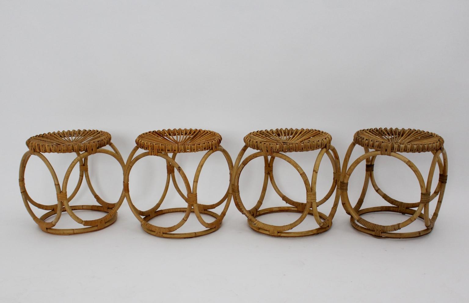 20th Century Mid-Century Modern Set of Four Rattan Stools by Bonacina, 1950s