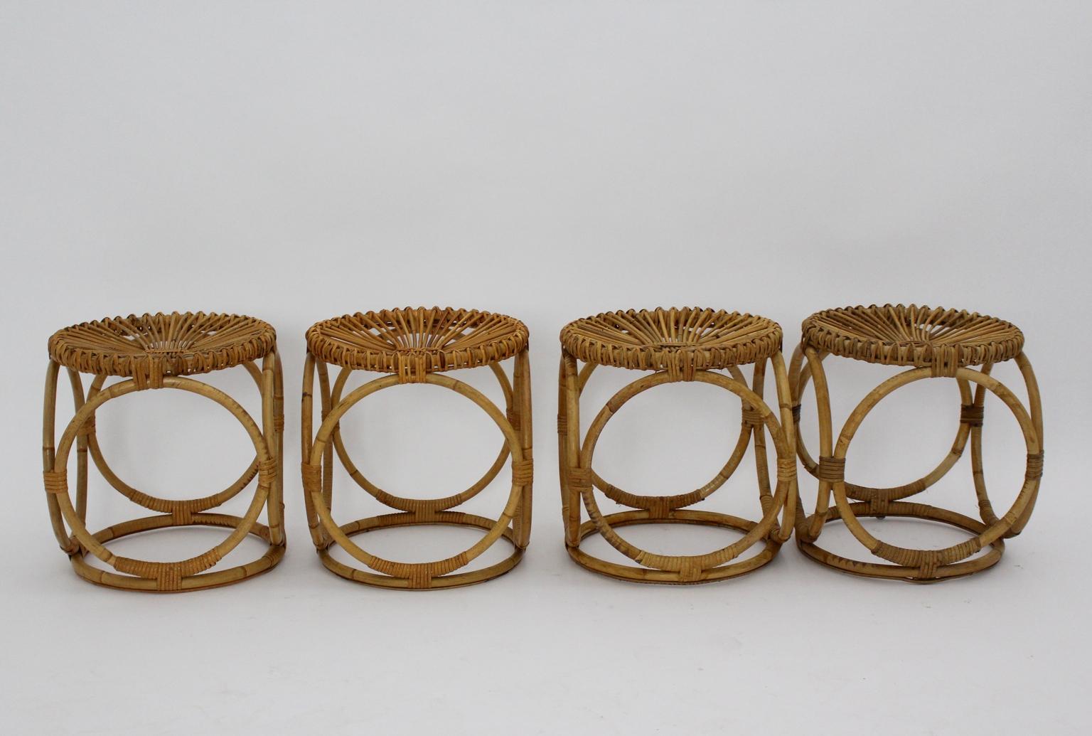 Mid-Century Modern Set of Four Rattan Stools by Bonacina, 1950s 1