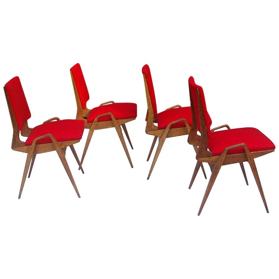 Mid-Century Set of Four Red Velvet and Wood Dining Chairs, Italy, 1950s ...