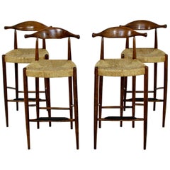 Mid-Century Modern Set of Four Rush Teak Hans Wegner Bar Stools Horn Danish