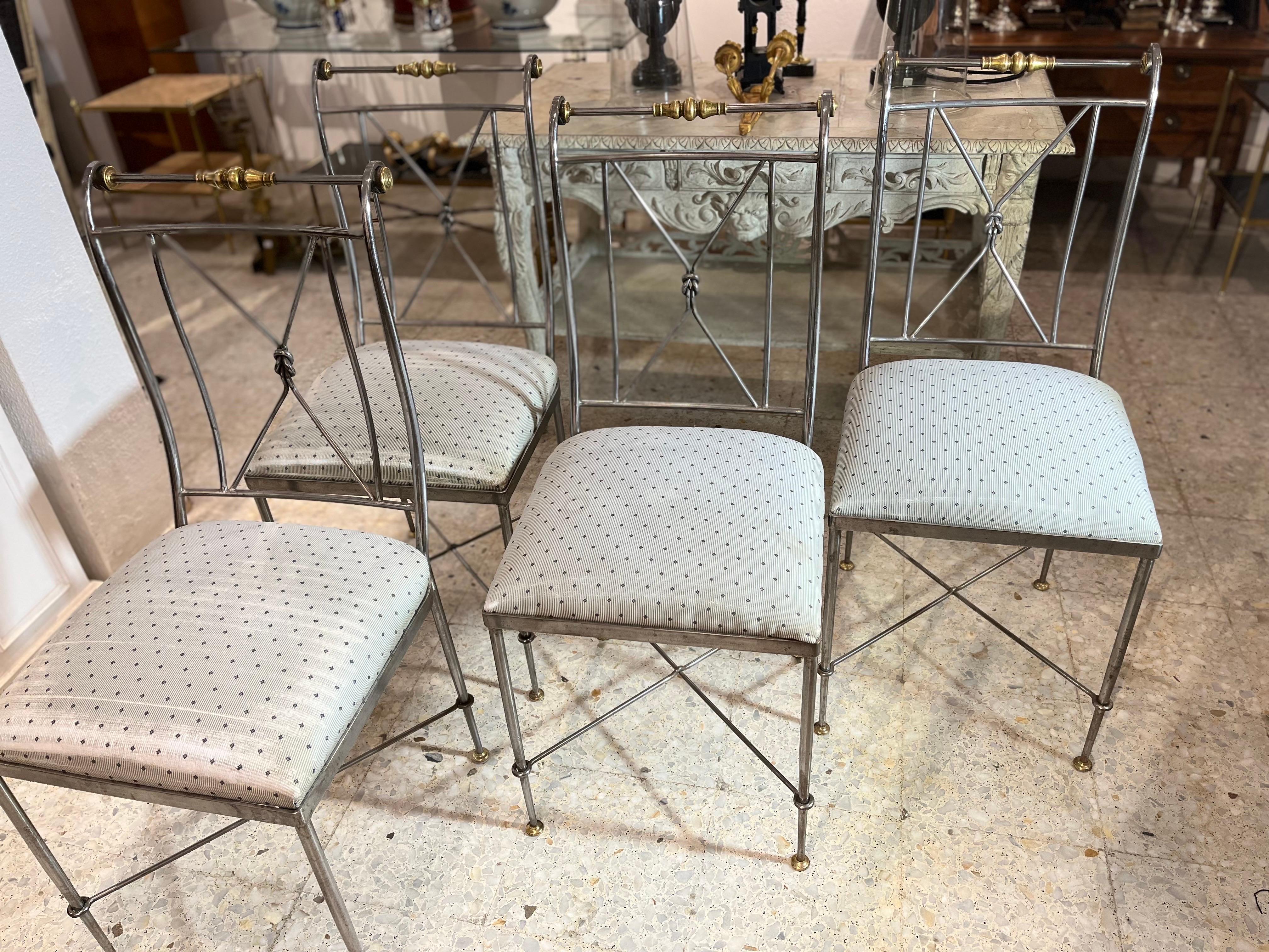 Neoclassical Revival Mid Century Modern Set of Four Steel and Brass Chairs by Alberto Orlandi For Sale