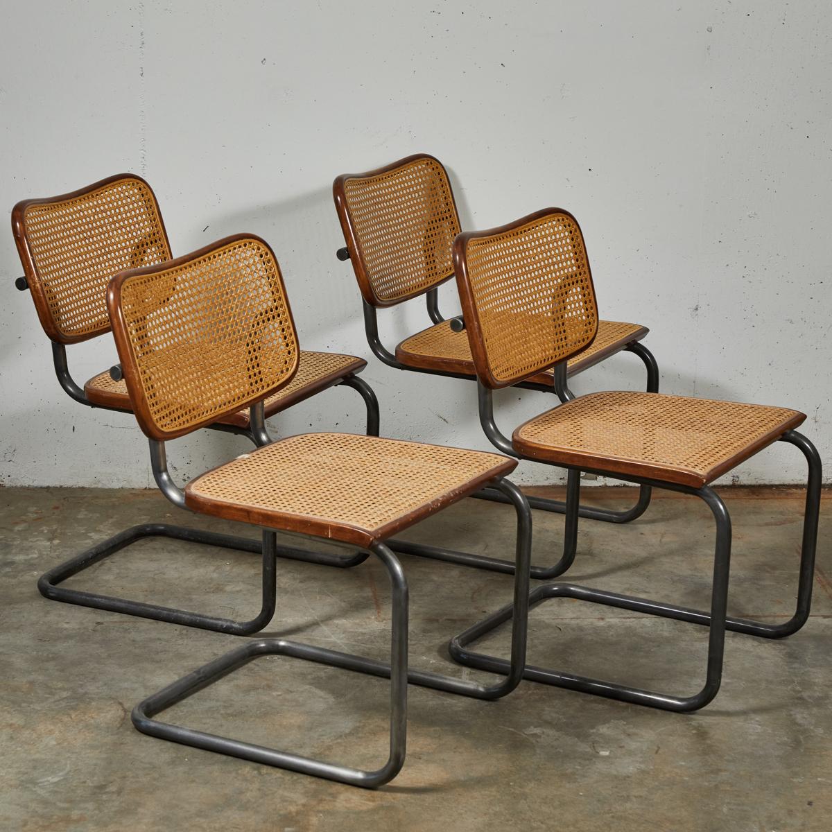 Mid-Century Modern Set of Four Vintage Caned Metal Dining Chairs 1