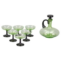 Mid-Century Modern Set of Green and Black Glass Decanter and Six Glasses