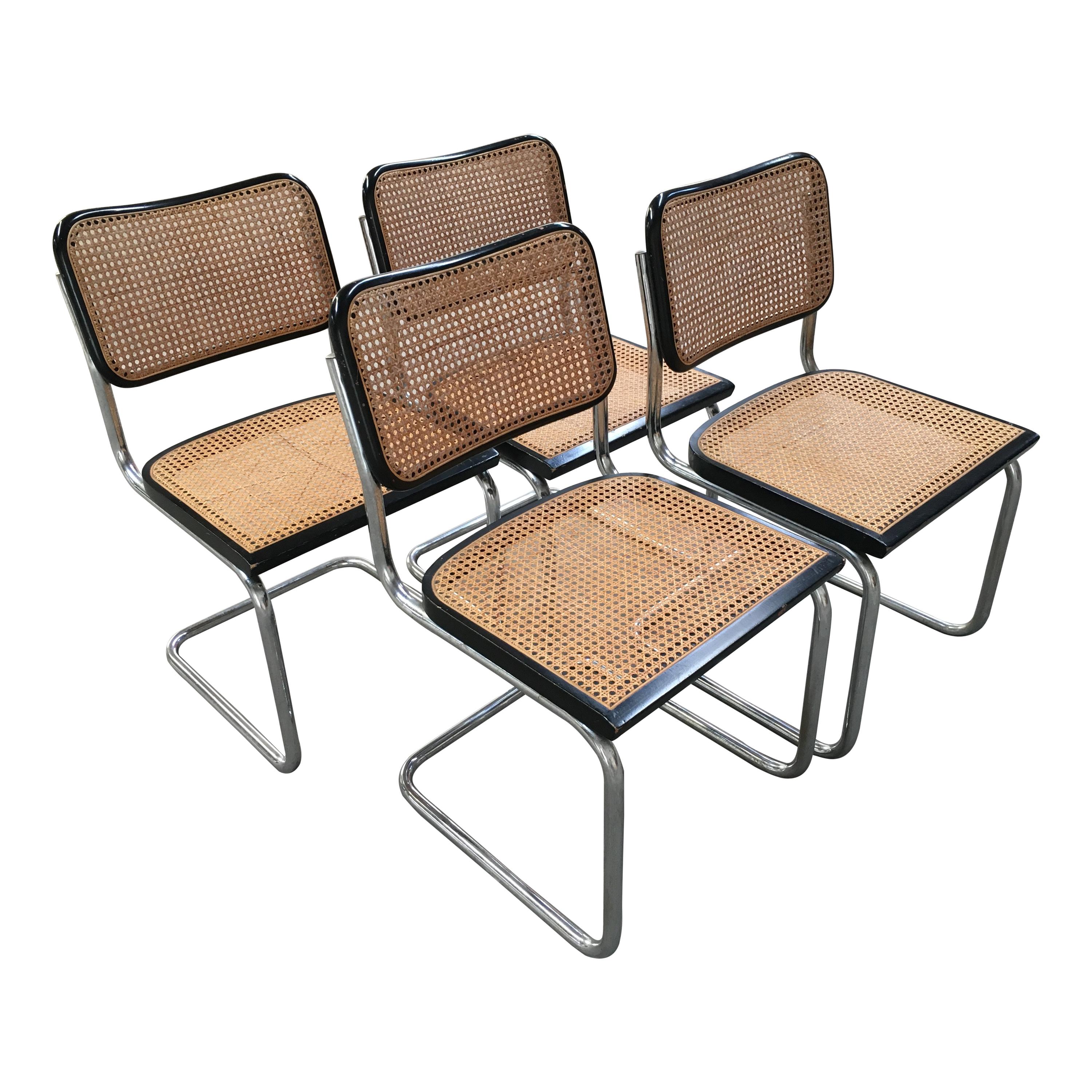 Mid-Century Modern Set of Italian Black and Cane "Cesca" Chairs by Marcel Breuer